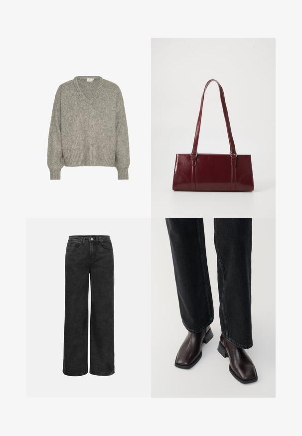 Lys grå strikket sweater med V-hals, løstsiddende pasform, ribbede mansjetter og kant. Lavet af tekstilmateriale med en blød udseende.; Sorte wide-leg jeans i denim med høj talje, fem lommer og klassisk knaplukning. Glat tekstur med minimal falmning.; Brune læder ankelstøvler med firkantet tå og blokhæl, parret med sorte brede jeans. Glat tekstur og minimalistisk design.; Bordeaux håndtaske lavet af glansfuldt materiale, rektangulær form, med to skulderremme og subtile buede detaljer på forsiden.