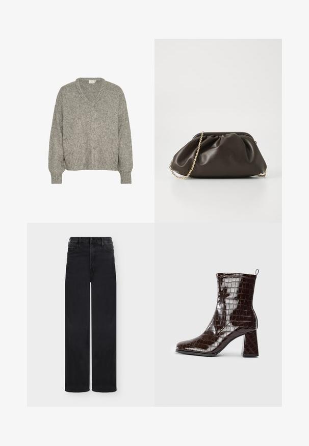 Pull en maille gris clair avec un col en V, coupe décontractée, poignets et ourlet côtelés. Fabriqué à partir d'un tissu texturé avec une apparence douce.; Jean noir taille haute à jambes larges avec fermeture avant par boutons et zip, passants de ceinture, poches avant et arrière, présenté sur fond blanc.; Bottine en cuir verni marron foncé, avec texture crocodile, talon carré et tirant à l'arrière sur fond blanc.; Sac à main en cuir marron avec un design froncé, une bandoulière en chaîne dorée et une finition douce et texturée. Sa forme compacte est idéale pour une utilisation en soirée.