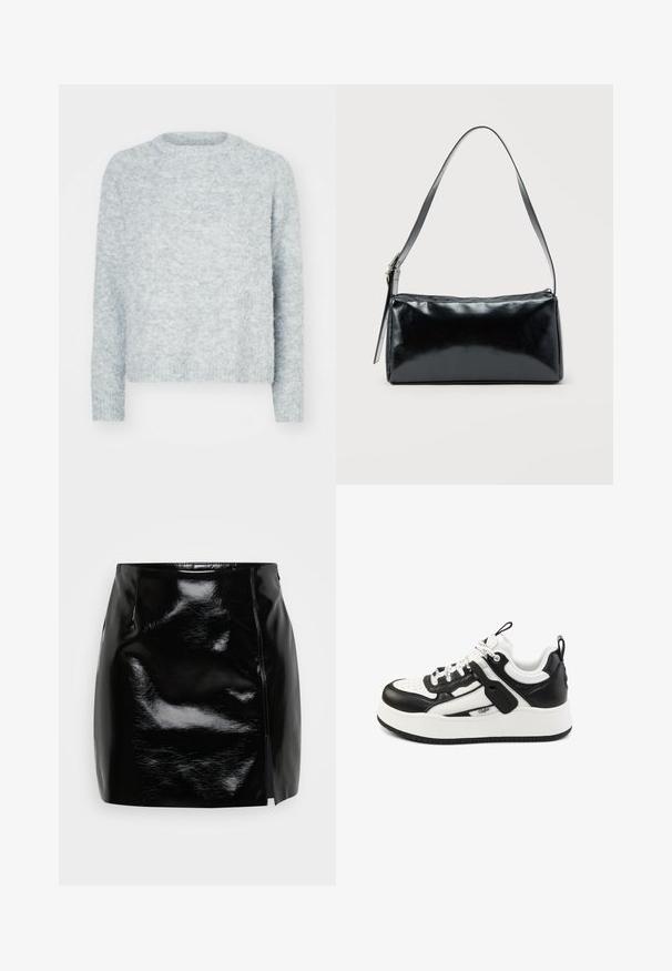 Lichtgrijze pullover met ronde hals, lange mouwen en een zachte, gestructureerde afwerking. Geen zichtbare patronen of hardwaredetails.; Zwarte mini-skirt gemaakt van glanzend materiaal. Heeft een zijrits en een split aan de rechterzijde voor extra detail en ontwerp. Gladde textuur.; Zwart-witte Buffalo sneaker met dikke witte zool, veters aan de voorkant, gevoerde kraag en trek-lussen op tong en hiel.; Zwarte rechthoekige schoudertas met een enkele verstelbare band en een bovenste ritssluiting op een effen achtergrond.