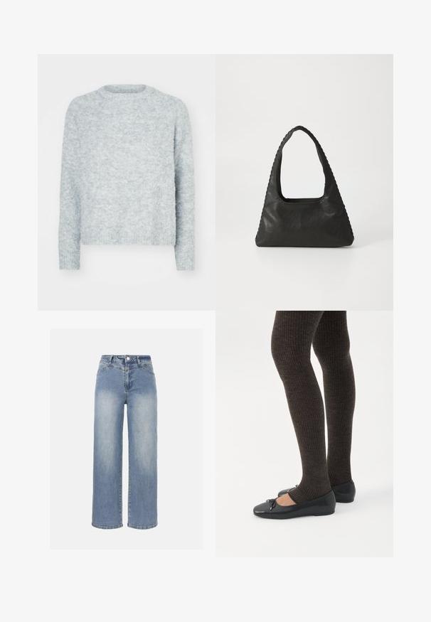 Lichtgrijze pullover met ronde hals, lange mouwen en een zachte, gestructureerde afwerking. Geen zichtbare patronen of hardwaredetails.; Lichtblauwe jeans met hoge taille en brede pijpen, met een vervaagde wassing, een drukknoop aan de voorkant, rits en klassiek vijfzakkenontwerp.; Benen met donkere geribbelde leggings gecombineerd met zwarte ballerina's met kleine strikdetails op een witte achtergrond.; Zwart leren handtas met een triangulaire vorm, een grote uitsparingshandgreep en gedetailleerde stiksels langs de randen. Glad textuur.