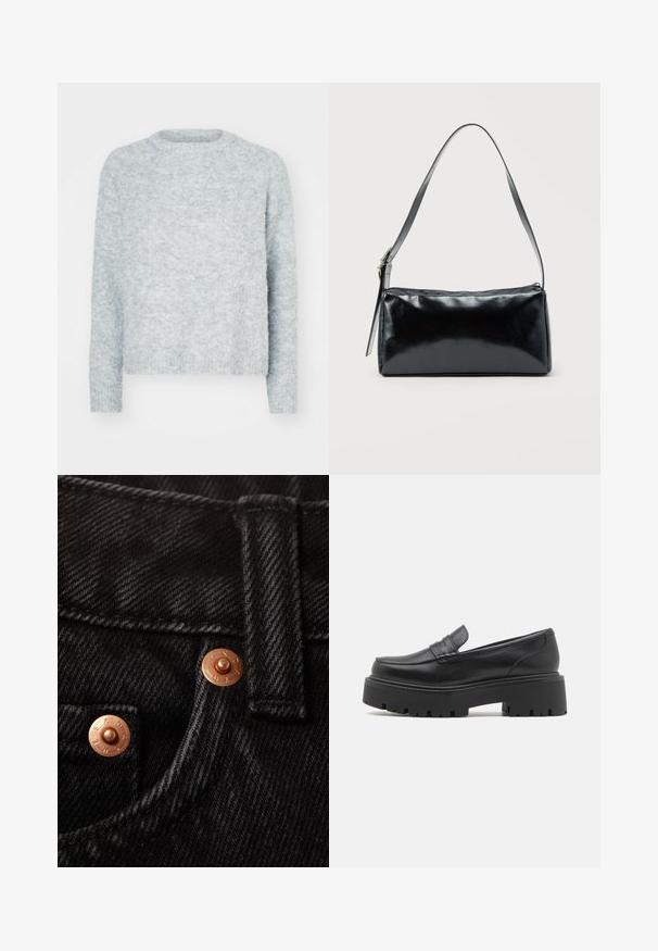 Pull léger gris clair avec un col rond, des manches longues et une finition douce et texturée. Aucune motif visible ni détails en matériel.; Gros plan sur un tissu en denim noir avec un bouton en cuivre gravé, des coutures renforcées et une ceinture plate.; Mocassins en cuir noir avec une semelle en caoutchouc épaisse et basse, des détails cousus sur le dessus et une texture lisse.; Sac d'épaule rectangulaire noir avec une sangle réglable unique et une fermeture éclair supérieure sur un fond uni.