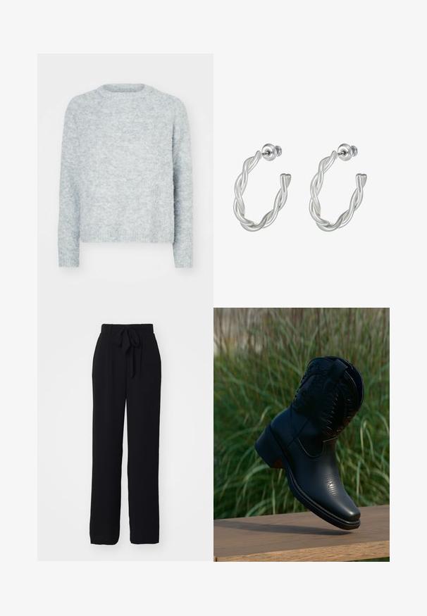 Lichtgrijze pullover met ronde hals, lange mouwen en een zachte, gestructureerde afwerking. Geen zichtbare patronen of hardwaredetails.; Zwarte, wijde broek van zachte stof. Heeft een gestrikte tailleband en een ontspannen pasvorm, zonder zichtbare patronen of accenten.; Zwarte leren cowboylaars met decoratief stiksel, iets verhoogd boven een houten oppervlak, groene gras achtergrond onscherp.; Draaierige zilveren hoops met een gladde afwerking en een post-back sluiting, die een modern, verweven ontwerp tonen.