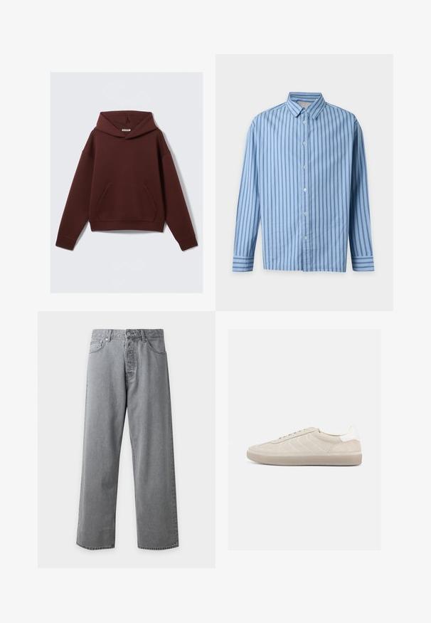 Sweat à capuche bordeaux avec une poche kangourou, fabriqué en tissu doux. Comprend des manches longues et une coupe décontractée.; Chemise bleu clair à manches longues boutonnée avec des rayures verticales bleu foncé et un col classique sur un fond uni.; Jean en denim gris droit avec fermeture à bouton et zip à l'avant, passants de ceinture et poches avant sur fond blanc.; Baskets en daim beige avec une tige texturée, un contrefort de talon blanc lisse, de fines lacets et une semelle extérieure en caoutchouc. Présente un design bas profil.