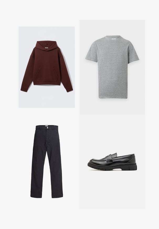 Sweat à capuche bordeaux avec une poche kangourou, fabriqué en tissu doux. Comprend des manches longues et une coupe décontractée.; T-shirt gris uni à manches courtes et col rond avec une petite étiquette blanche "ONLY & SONS" à l'intérieur du col.; Pantalon noir à jambes droites avec fermeture avant à boutons et zip, passants pour ceinture, et poches avant, présenté sur un fond blanc.; Mocassin en cuir noir avec une large sangle sur le devant, semelle en caoutchouc à épaisse rainure, et texture lisse. Design classique et élégant.