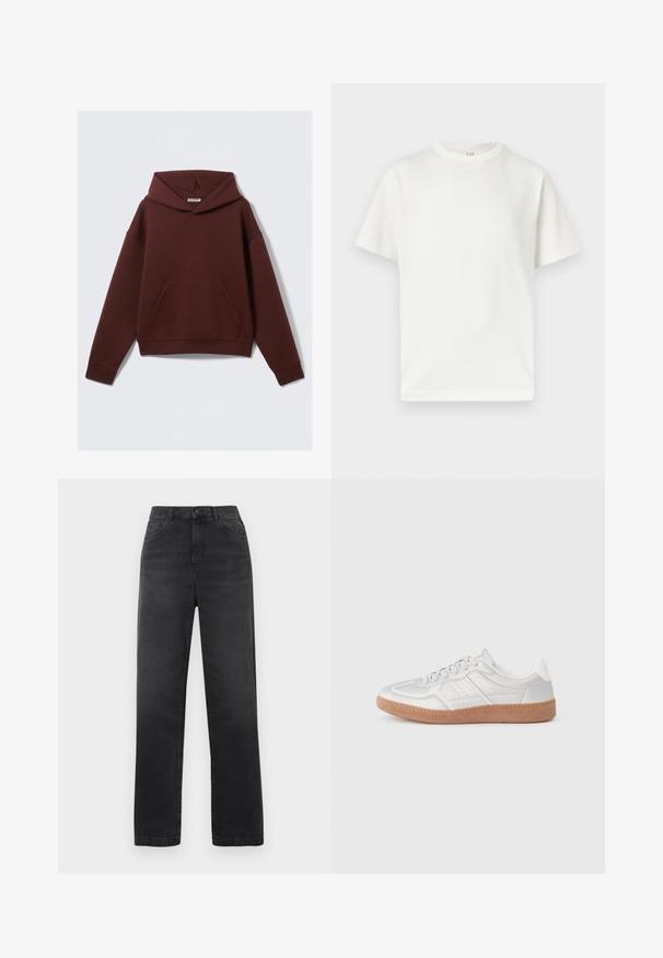Sweat à capuche bordeaux avec une poche kangourou, fabriqué en tissu doux. Comprend des manches longues et une coupe décontractée.; T-shirt blanc uni à manches courtes et col rond, présenté à plat sur un fond blanc avec une étiquette GAP visible à l'intérieur du col.; Jean noir taille haute en denim coton avec une coupe droite, dotés de poches avant et d'une fermeture à un bouton. Texture lisse.; Baskets argentées avec une texture lisse, un design à lacets, des accents perforés et une semelle en caoutchouc marron texturé.