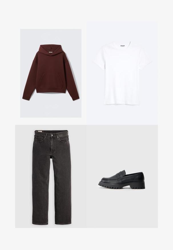 Sweat à capuche bordeaux avec une poche kangourou, fabriqué en tissu doux. Comprend des manches longues et une coupe décontractée.; T-shirt blanc uni à manches courtes et col rond avec une étiquette de la marque WEEKDAY visible au niveau du col, présenté sur un fond clair.; Jeans en denim noir avec une coupe droite, cinq poches et des tringles métalliques. Le tissu présente une légère texture et une finition unie.; Mocassins en cuir noir avec un bout arrondi, présentant une sangle décorative et une semelle en caoutchouc épaisse avec de profonds crampons pour une meilleure adhérence.