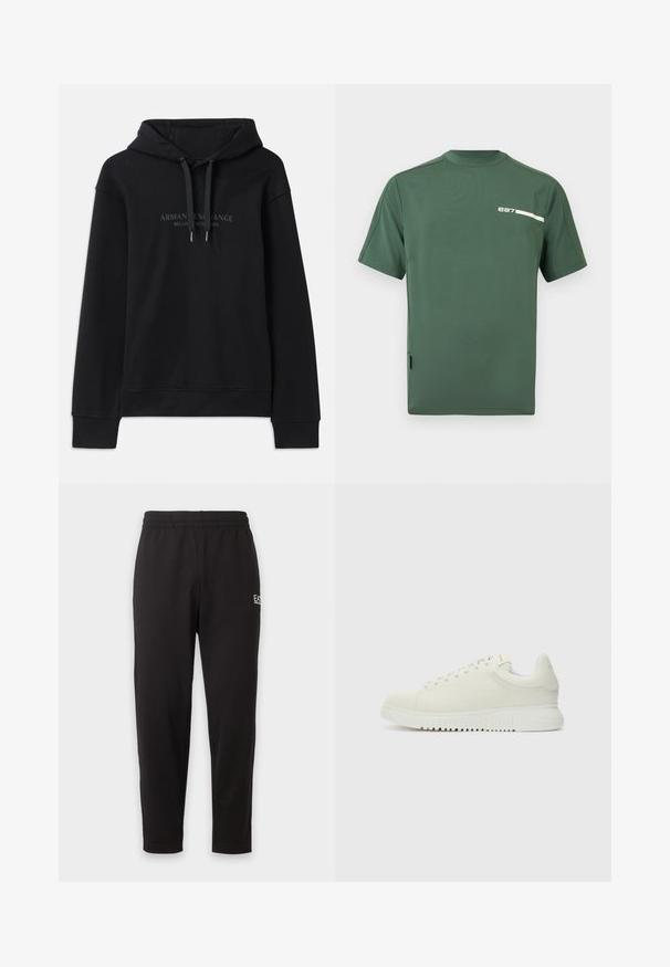 Μαύρη hoodie φτιαγμένη από μαλακό ύφασμα, με κουκούλα που ρυθμίζεται με κορδόνι και ριμπ μανσέτες. Κεντημένο λογότυπο σε σκούρες αποχρώσεις μπροστά.; Πράσινο αθλητικό μπλουζάκι με κοντά μανίκια και δίχτυ στα μανίκια, με μικρό λευκό λογότυπο «e27» στο πάνω αριστερό μέρος του στήθους.; Μαύρη ελαστική φόρμα με κωνικά μπατζάκια και μικρό λευκό λογότυπο στο άνω αριστερό μηρό.; Λευκό δερμάτινο sneaker με υφή στην πάνω επιφάνεια, στρογγυλή μύτη, επίπετη λευκή σόλα και τόνος κορδόνια. Διακριτική σήμανση στη γλώσσα.