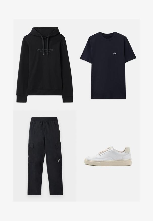 Schwarzer Hoodie aus weichem Material, mit einer verstellbaren Kapuze und gerippten Bündchen. Gesticktes Logo in dunklen Tönen auf der Vorderseite.; Marineblaue Baumwoll-T-Shirt mit kurzen Ärmeln und Rundhalsausschnitt. Mit einem kleinen weißen "A|X"-Logo auf der linken Brustseite.; Schwarze Cargo-Hosen mit einem elastischen Bund, Seitentaschen und einem kleinen Logo am linken Bein. Hergestellt aus leichtem, glattem Stoff.; Weiße Sneaker mit einem glatten Lederobermaterial, beigen Schnürsenkeln und einer strukturierten, beigen Wildleder-Fersenschlaufe. Erhöhte Sohle für zusätzlichen Komfort.