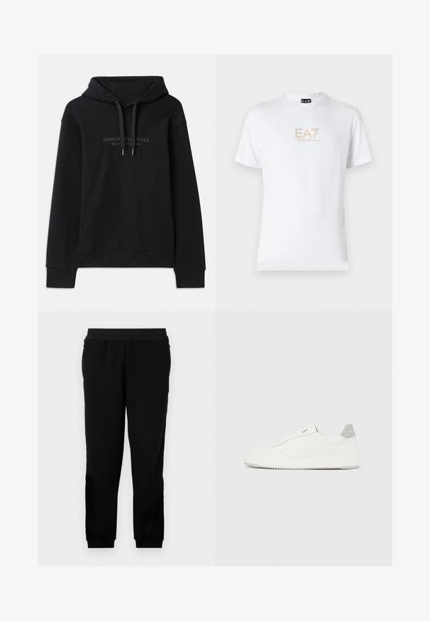Sort hættetrøje lavet af blødt stof, med snoretræk i hætten og ribbede manchetter. Broderet logo i mørke nuancer på fronten.; Hvid bomulds t-shirt med rund halsudskæring og korte ærmer, prydet med et gold EA7 Emporio Armani logo trykt på forsiden.; Sorte sweatpants lavet af et blødt materiale, med et elastisk liv, tætsiddende manchetter og sidelommer for ekstra bekvemmelighed.; Hvid lavtop-sneaker med gråt hælflig, hvide snørebånd og tekstureret sål, vist på en ensfarvet lys baggrund.