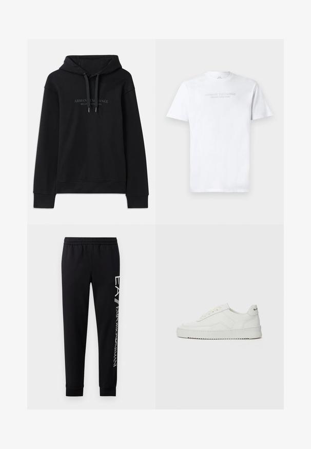 Μαύρη hoodie φτιαγμένη από μαλακό ύφασμα, με κουκούλα που ρυθμίζεται με κορδόνι και ριμπ μανσέτες. Κεντημένο λογότυπο σε σκούρες αποχρώσεις μπροστά.; Λευκό βαμβακερό t-shirt με στρογγυλή λαιμόκοψη, κοντά μανίκια και ανάγλυφο λογότυπο "ARMANI EXCHANGE MILANO/NEW YORK" στο μπροστινό μέρος.; Μαύρο παντελόνι φόρμας από μείγμα βαμβακιού, με ελαστική μέση, κομμάτια με κωνική γραμμή, ριμπ μανσέτες και λευκή εκτύπωση λογότυπου κατά μήκος της πλευράς.; Λευκό δερμάτινο sneakers με λείο φινίρισμα, στρογγυλή μύτη, επίπεδα κορδόνια και υφή στην σόλα. Φέρει μια διακριτική λογότυπο στη φτέρνα.