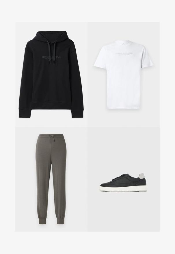 Schwarzer Hoodie aus weichem Material, mit einer verstellbaren Kapuze und gerippten Bündchen. Gesticktes Logo in dunklen Tönen auf der Vorderseite.; Weißes Baumwoll-T-Shirt mit Rundhalsausschnitt, kurzen Ärmeln und geprägt "ARMANI EXCHANGE MILANO/NEW YORK" Logo auf der Vorderseite.; Grau Jogginghosen mit einem Kordelzugbund, schmal zulaufenden Bündchen, weichem Stoffgefühl und einem glatten, minimalistischen Design.; Schwarzer Low-Top-Sneaker mit weißer Sohle und grauem Fersenlaschen, Seitenansicht vor einem weißen Hintergrund.