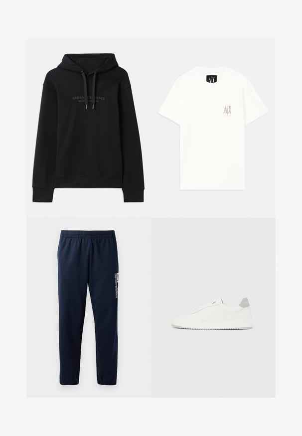 Schwarzer Hoodie aus weichem Material, mit einer verstellbaren Kapuze und gerippten Bündchen. Gesticktes Logo in dunklen Tönen auf der Vorderseite.; Weißes T-Shirt aus Baumwolle mit kurzen Ärmeln, das auf der Brust ein kleines, in Beige gesticktes Logo zeigt. Rundhalsausschnitt mit lockerer Passform.; Marineblaues Sweatpants mit elastischem Bund, zulaufenden Beinen und einem weißen Logo an der Seite. Glattes Gewebe mit leichter Textur.; Weißer Sneaker mit niedrigem Schaft, grauem Fersenlaschen, weißen Schnürsenkeln und einer strukturierten Sohle, dargestellt vor einem schlichten hellen Hintergrund.
