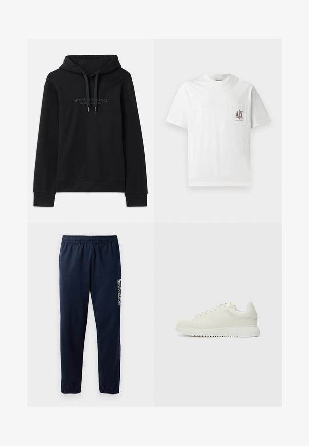 Schwarzer Hoodie aus weichem Material, mit einer verstellbaren Kapuze und gerippten Bündchen. Gesticktes Logo in dunklen Tönen auf der Vorderseite.; Weißes Baumwoll-T-Shirt mit kurzen Ärmeln, einem Rundhalskragen und einer linken Brusttasche mit einem gestickten "A|X"-Logo in Braun.; Marineblaues Sweatpants mit elastischem Bund, zulaufenden Beinen und einem weißen Logo an der Seite. Glattes Gewebe mit leichter Textur.; Weiße Leder-Sneaker mit texturiertem Obermaterial, runder Zehenpartie, flacher weißer Sohle und tonalen Schnürsenkeln. Dezentes Branding auf der Zunge.