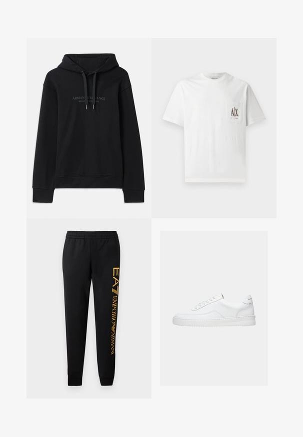 Μαύρη hoodie φτιαγμένη από μαλακό ύφασμα, με κουκούλα που ρυθμίζεται με κορδόνι και ριμπ μανσέτες. Κεντημένο λογότυπο σε σκούρες αποχρώσεις μπροστά.; Λευκό βαμβακερό t-shirt με κοντά μανίκια, στρογγυλή λαιμόκοψη και τσέπη στο αριστερό στήθος με κεντητό λογότυπο "A|X" σε καφέ χρώμα.; Μαύρες φόρμες με ελαστική ζώνη και μανσέτες. Διαθέτουν κάθετη εκτύπωση χρυσού λογότυπου στο αριστερό πόδι. Είναι φτιαγμένες από μαλακό ύφασμα.; Λευκό sneaker χαμηλού τόνου με σχέδιο δέσιμο κορδονιών, λείο δερμάτινο επάνω μέρος και παχύ πάτο, εμφανιζόμενο από πλευρική όψη σε απλό φόντο.