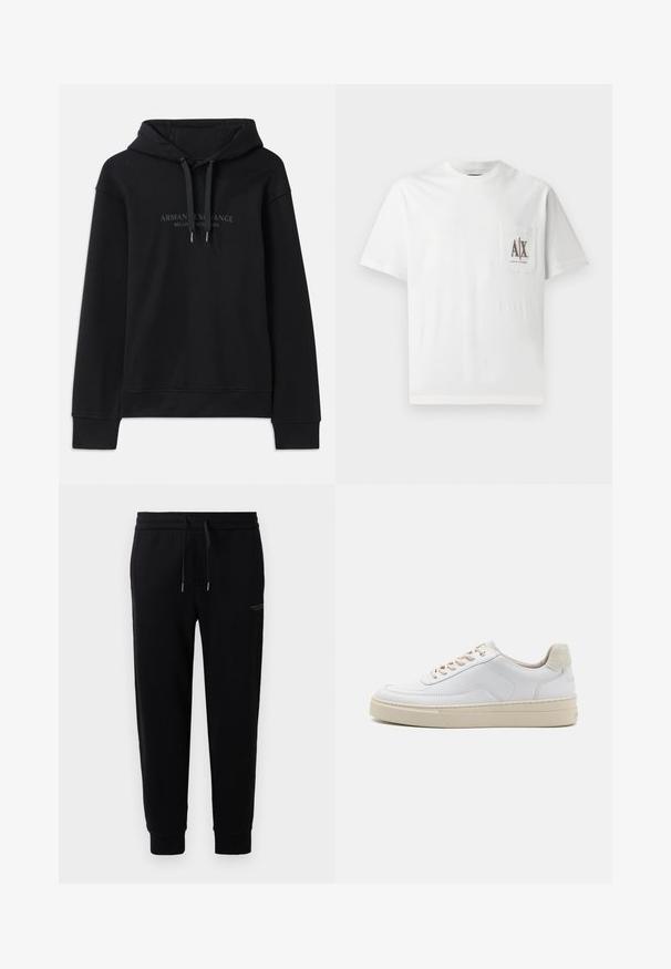 Schwarzer Hoodie aus weichem Material, mit einer verstellbaren Kapuze und gerippten Bündchen. Gesticktes Logo in dunklen Tönen auf der Vorderseite.; Weißes Baumwoll-T-Shirt mit kurzen Ärmeln, einem Rundhalskragen und einer linken Brusttasche mit einem gestickten "A|X"-Logo in Braun.; Schwarze Jogginghosen aus Baumwollmischung, mit einem elastischen Bund und Kordelzug, Bündchen an den Knöcheln und einem dezenten Logo-Druck an der Seite.; Weiße Sneaker mit einem glatten Lederobermaterial, beigen Schnürsenkeln und einer strukturierten, beigen Wildleder-Fersenschlaufe. Erhöhte Sohle für zusätzlichen Komfort.