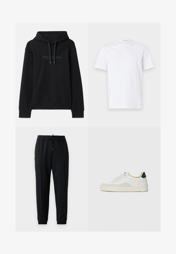 Μαύρη hoodie φτιαγμένη από μαλακό ύφασμα, με κουκούλα που ρυθμίζεται με κορδόνι και ριμπ μανσέτες. Κεντημένο λογότυπο σε σκούρες αποχρώσεις μπροστά.; Λευκό βαμβακερό μπλουζάκι με στρογγυλή λαιμόκοψη και κοντά μανίκια. Λείος υφασμάτινος καμβάς, ίσια γραμμή και μινιμαλιστικός σχεδιασμός χωρίς μοτίβα ή διακοσμητικά στοιχεία.; Μαύρο παντελόνι τζόκινγκ με κορδόνι στη μέση, ελαστικές μανσέτες και στενή εφαρμογή. Φτιαγμένο από μαλακό, ελαστικό ύφασμα με λεία υφή.; Λευκά sneakers με σουέτ λεπτομέρειες, στρογγυλή μύτη, επίπεδα κορδόνια και κρέμα από καουτσούκ σόλα. Διαθέτει πράσινη επωνυμία στη φτέρνα.