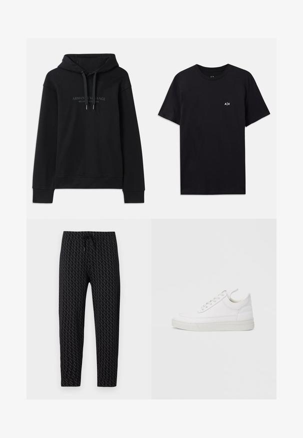 Schwarzer Hoodie aus weichem Material, mit einer verstellbaren Kapuze und gerippten Bündchen. Gesticktes Logo in dunklen Tönen auf der Vorderseite.; Schwarzes Baumwoll-T-Shirt mit kurzen Ärmeln und Rundhalsausschnitt, versehen mit einem kleinen weißen "A|X"-Logo auf der linken Brustseite. Glatte Textur.; Armani Exchange AX LOGO SWEAT PANTS - Jogginghose - black; Weißer Ledersneaker mit abgerundetem Zehenbereich, flacher Sohle und Schnürverschluss. Verfügt über Nahtdetails und einen gepolsterten Kragen für zusätzlichen Komfort.