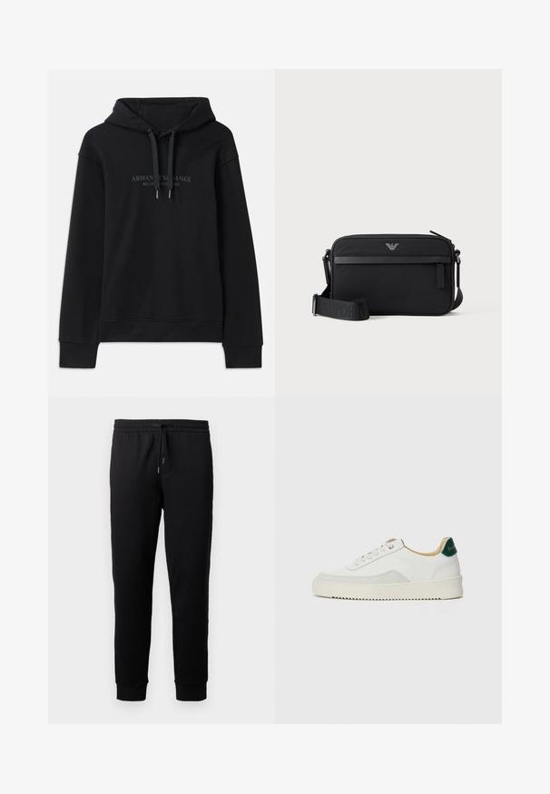 Schwarzer Hoodie aus weichem Material, mit einer verstellbaren Kapuze und gerippten Bündchen. Gesticktes Logo in dunklen Tönen auf der Vorderseite.; Schwarze Jogginghosen aus weichem Stoff mit einem elastischen Bund und Kordelzug. Mit schmal zulaufenden Beinen und gerippten Bündchen.; Weiße Sneaker mit Wildlederelementen, runder Zehenpartie, flachen Schnürsenkeln und einer cremefarbenen Gummisohle. Mit grünen Markenlogo am Fersenbereich.; Schwarze rechteckige Umhängetasche mit vorderer Reißverschlusstasche, verstellbarem Schultergurt und kleinem Metalllogo oben in der Mitte.