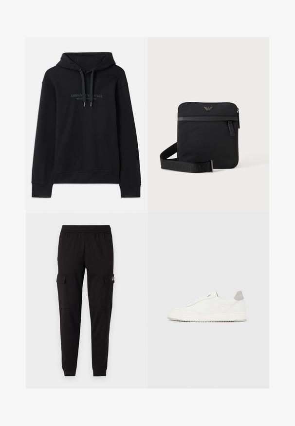 Μαύρη hoodie φτιαγμένη από μαλακό ύφασμα, με κουκούλα που ρυθμίζεται με κορδόνι και ριμπ μανσέτες. Κεντημένο λογότυπο σε σκούρες αποχρώσεις μπροστά.; Μαύρο cargo παντελόνι με ελαστική μέση, δύο πλευρικές τσέπες και λεπτομέρεια λογότυπου στην αριστερή πλευρά. Λείο ύφασμα, στενεύει στους αστραγάλους.; Λευκό αθλητικό παπούτσι χαμηλού ύψους με γκρι ταμπ εφφέ στη φτέρνα, λευκά κορδόνια και υφή στη σόλα, απεικονιζόμενο σε απλό ανοιχτόχρωμο φόντο.; Μαύρη τετράγωνη τσάντα ώμου με φερμουάρ, μπροστινή τσέπη και ρυθμιζόμενο ιμάντα με ανάγλυφο όνομα μάρκας.