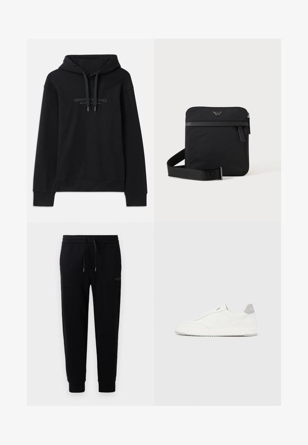 Μαύρη hoodie φτιαγμένη από μαλακό ύφασμα, με κουκούλα που ρυθμίζεται με κορδόνι και ριμπ μανσέτες. Κεντημένο λογότυπο σε σκούρες αποχρώσεις μπροστά.; Μαύρες φόρμες τζόγκινγκ από βαμβακερό μείγμα, με ελαστική μέση και κορδόνι, μανσέτες στα αστραγάλια και διακρι print λογοτύπου στο πλάι.; Λευκό αθλητικό παπούτσι χαμηλού ύψους με γκρι ταμπ εφφέ στη φτέρνα, λευκά κορδόνια και υφή στη σόλα, απεικονιζόμενο σε απλό ανοιχτόχρωμο φόντο.; Μαύρη τετράγωνη τσάντα ώμου με φερμουάρ, μπροστινή τσέπη και ρυθμιζόμενο ιμάντα με ανάγλυφο όνομα μάρκας.