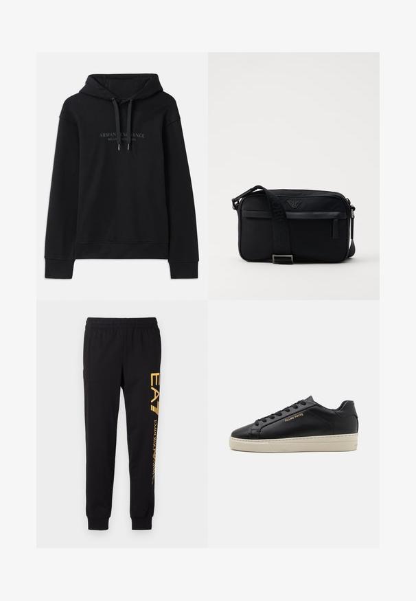 Schwarzer Hoodie aus weichem Material, mit einer verstellbaren Kapuze und gerippten Bündchen. Gesticktes Logo in dunklen Tönen auf der Vorderseite.; Schwarze Sweatpants aus weichem Stoff, mit einem elastischen Bund und Bündchen an den Knöcheln. Gelbe Markenbezeichnung vertikal auf dem linken Bein aufgedruckt.; Schwarze Leder-Sneaker mit glatter Oberfläche, kontrastierender cremefarbener Sohle, abgerundeter Spitze, goldfarbenem Logo an der Seite und sechs Ösen für die Schnürsenkel.; Schwarze Nylon-Schultertasche mit einem kontrastierenden Riemen, schlanker rechteckiger Form, Logo-Detail und einer Reißverschlusstasche auf der Vorderseite.