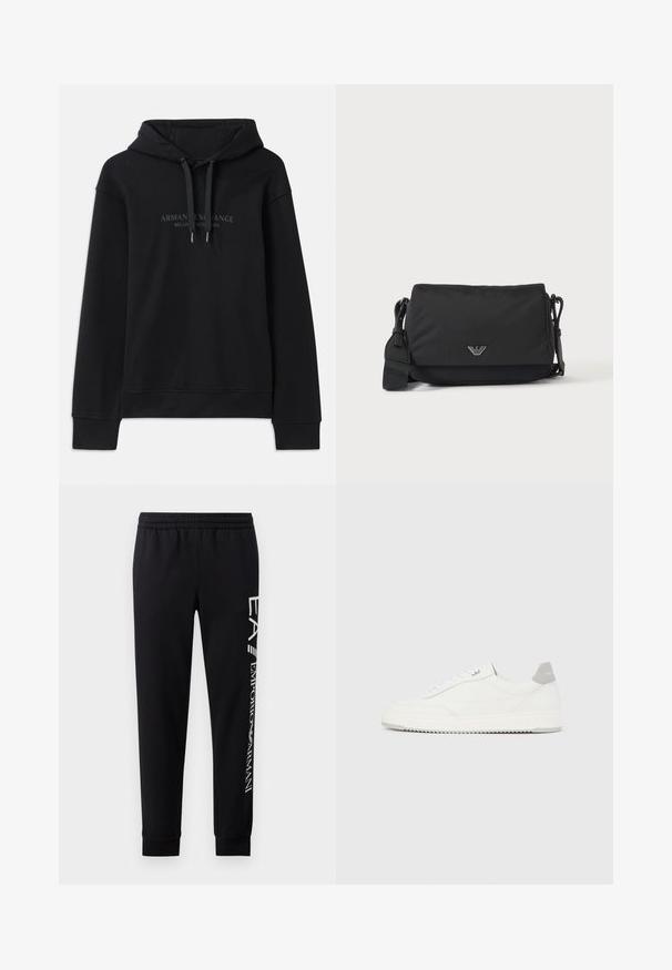 Zwarte hoodie van zacht materiaal, met een capuchon met trekkoord en ribbels aan de mouwen. Geborduurd logo in donkere tinten op de voorkant.; Zwarte sweatpants van een katoenmix, met een elastische tailleband, taps toelopende benen, ribgebreide boorden en een wit logo-opdruk langs de zijkant.; Witte lage sneaker met grijze hielpatch, witte veters en een gestructureerde zool, gepresenteerd op een effen lichte achtergrond.; Zwarte crossbodytas met verstelbare band en klein zilverkleurig logo-embleem op de voorflap, afgebeeld op een effen lichte achtergrond.