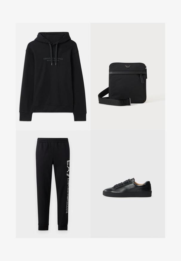 Sort hættetrøje lavet af blødt stof, med snoretræk i hætten og ribbede manchetter. Broderet logo i mørke nuancer på fronten.; Sorte sweatpants lavet af en bomuldsblanding, med elastisk talje, smalle ben, ribbede manchetter og hvidt logo print langs siden.; Sorte lædersneakers med en glat overflade, rund tå og snørebåndslukning. Har en tyk gummisål og minimal branddetalje.; Sort firkantet skuldertaske med lynlås, frontlomme og justerbar rem med præget brandnavn.