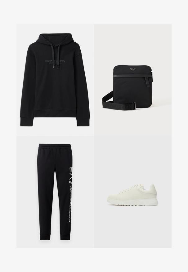 Μαύρη hoodie φτιαγμένη από μαλακό ύφασμα, με κουκούλα που ρυθμίζεται με κορδόνι και ριμπ μανσέτες. Κεντημένο λογότυπο σε σκούρες αποχρώσεις μπροστά.; Μαύρο παντελόνι φόρμας από μείγμα βαμβακιού, με ελαστική μέση, κομμάτια με κωνική γραμμή, ριμπ μανσέτες και λευκή εκτύπωση λογότυπου κατά μήκος της πλευράς.; Λευκό δερμάτινο sneaker με υφή στην πάνω επιφάνεια, στρογγυλή μύτη, επίπετη λευκή σόλα και τόνος κορδόνια. Διακριτική σήμανση στη γλώσσα.; Μαύρη τετράγωνη τσάντα ώμου με φερμουάρ, μπροστινή τσέπη και ρυθμιζόμενο ιμάντα με ανάγλυφο όνομα μάρκας.