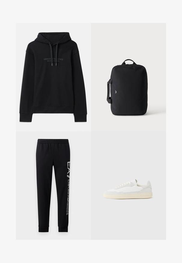 Sweat à capuche noir en tissu doux, avec un cordon de serrage à la capuche et des poignets côtelés. Logo brodé dans des tons sombres sur le devant.; Pantalons de survêtement noirs en mélange de coton, dotés d'une taille élastique, de jambes fuselées, de poignets côtelés et d'un imprimé logo blanc sur le côté.; Baskets blanches avec dessus en daim et cuir texturé. Caractérisées par un bout arrondi, une fermeture à lacets et une semelle en caoutchouc beige contrastante.; Sac de voyage rectangulaire noir avec poignées en haut et sur les côtés, design minimaliste et petit logo à l'avant sur un fond clair uni.