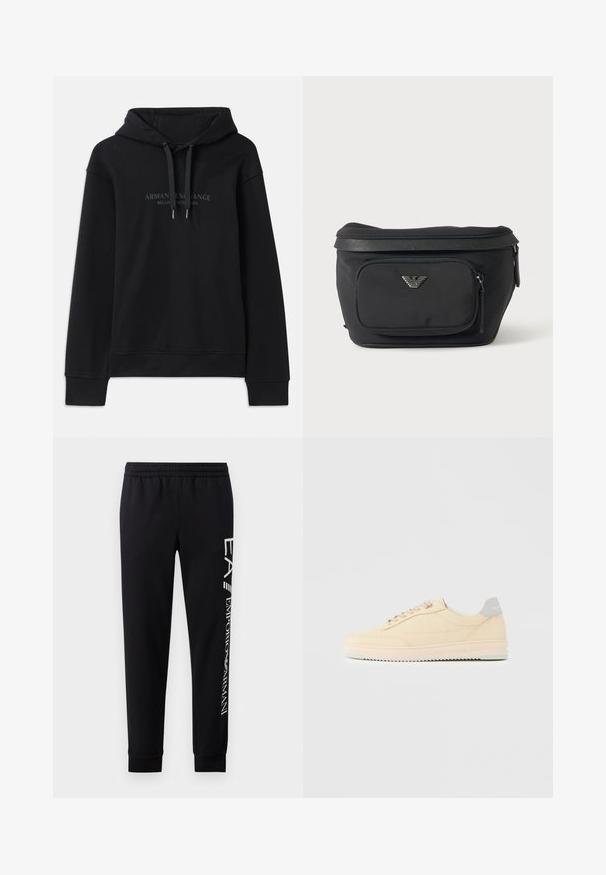 Schwarzer Hoodie aus weichem Material, mit einer verstellbaren Kapuze und gerippten Bündchen. Gesticktes Logo in dunklen Tönen auf der Vorderseite.; Schwarze Sweatpants aus Baumwollmischung mit elastischem Taillenbund, schmal zulaufenden Beinen, gerippten Bündchen und weißem Logo-Druck entlang der Seite.; Beiger Sneaker in niedrigem Design mit Schnürverschluss vorne, hellrosa Sohle und grauem Fersenlasche mit der Marke "Filling Pieces", seitlich auf neutralem Hintergrund gezeigt.; Schwarze Bauchtasche mit Frontreißverschlusstasche und silbernem Adlerlogo, glattes Gewebe mit strukturiertem Besatz und Reißverschlussanhängern.