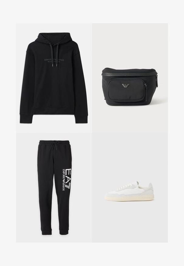 Schwarzer Hoodie aus weichem Material, mit einer verstellbaren Kapuze und gerippten Bündchen. Gesticktes Logo in dunklen Tönen auf der Vorderseite.; Schwarze Jogginghose mit elastischem Bund und Kordelzug, mit weißem vertikalem "EA7 Emporio Armani" Logo an einem Bein.; Weißer Sneaker mit strukturiertem Obermaterial aus Wildleder und Leder. Verfügt über eine runde Zehenpartie, Schnürverschluss und eine kontrastierende beige Gummisohle.; Schwarze Bauchtasche mit Frontreißverschlusstasche und silbernem Adlerlogo, glattes Gewebe mit strukturiertem Besatz und Reißverschlussanhängern.