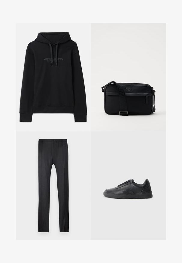 Schwarzer Hoodie aus weichem Material, mit einer verstellbaren Kapuze und gerippten Bündchen. Gesticktes Logo in dunklen Tönen auf der Vorderseite.; Emporio Armani TROUSER - Stoffhose - nero; Schwarze Leder-Sneaker mit glatter Oberfläche, abgerundeter Zehenpartie, strukturiertem Seitenpaneel und schwarzen Schnürsenkeln. Verfügt über eine flache Gummisohle und ein minimalistisches Design.; Schwarze Nylon-Schultertasche mit einem kontrastierenden Riemen, schlanker rechteckiger Form, Logo-Detail und einer Reißverschlusstasche auf der Vorderseite.
