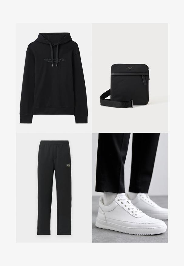 Schwarzer Hoodie aus weichem Material, mit einer verstellbaren Kapuze und gerippten Bündchen. Gesticktes Logo in dunklen Tönen auf der Vorderseite.; Schwarze Sweatpants mit geradem Bein, elastischem Bund und schwarzem Patch-Logo auf dem oberen linken Oberschenkel.; Weiße Leder-Sneaker mit flacher Gummisohle, ausgestattet mit einer glatten Oberfläche, runder Zehenpartie und Metallösen für die Schnürsenkel. Getragen mit schwarzen Hosen.; Schwarze quadratische Schultertasche mit Reißverschluss, Vordertasche und verstellbarem Riemen mit eingeprägtem Markennamen.