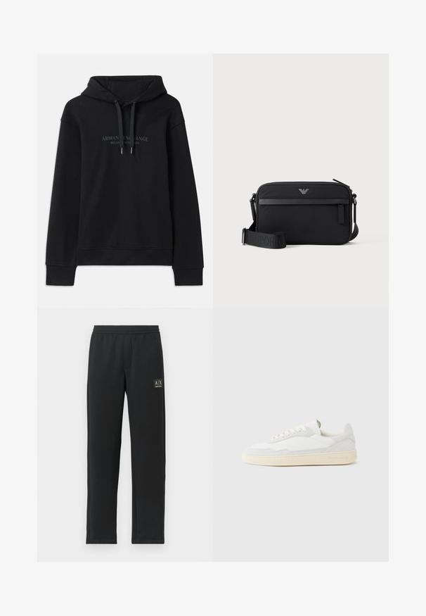 Schwarzer Hoodie aus weichem Material, mit einer verstellbaren Kapuze und gerippten Bündchen. Gesticktes Logo in dunklen Tönen auf der Vorderseite.; Schwarze Sweatpants mit geradem Bein, elastischem Bund und schwarzem Patch-Logo auf dem oberen linken Oberschenkel.; Weißer Sneaker mit strukturiertem Obermaterial aus Wildleder und Leder. Verfügt über eine runde Zehenpartie, Schnürverschluss und eine kontrastierende beige Gummisohle.; Schwarze rechteckige Umhängetasche mit vorderer Reißverschlusstasche, verstellbarem Schultergurt und kleinem Metalllogo oben in der Mitte.