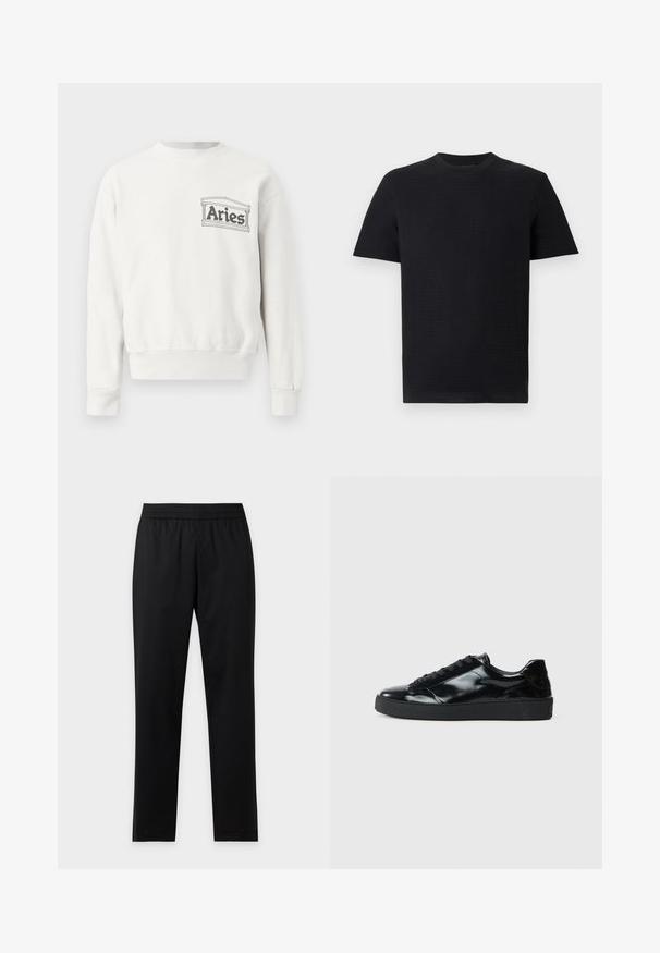 Sweat-shirt blanc à manches longues, col rond, avec un petit logo noir « Bélier » encadré par des colonnes sur le côté gauche de la poitrine.; T-shirt noir à manches courtes et col rond, présenté à plat sur un fond gris clair.; Pantalon noir droit avec taille élastique, sans poches visibles ni motifs, présenté à plat sur un fond clair.; Baskets en cuir verni noir avec un bout arrondi, un laçage, une semelle en caoutchouc texturé et une finition lisse.