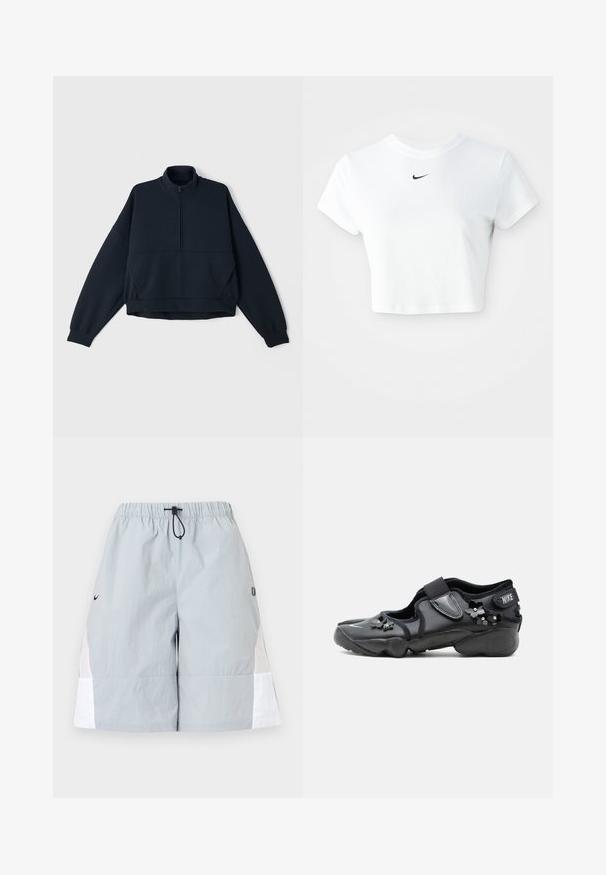 Sudadera de repuesto de color navy con un alto cuello, cierre de media cremallera en la parte delantera y hombros caídos. Tejido suave y texturizado con puños elásticos y dobladillo.; Camiseta corta blanca de algodón, con mangas cortas y cuello redondo, y un logo negro de Nike en el pecho.; Pantalones cortos deportivos de color gris claro con paneles laterales blancos, cinturilla elástica y cordón negro, mostrados sobre un fondo liso.; Zapato negro Nike Air con tira de velcro, decorado con pequeños adornos florales negros en el lateral y en la parte delantera.