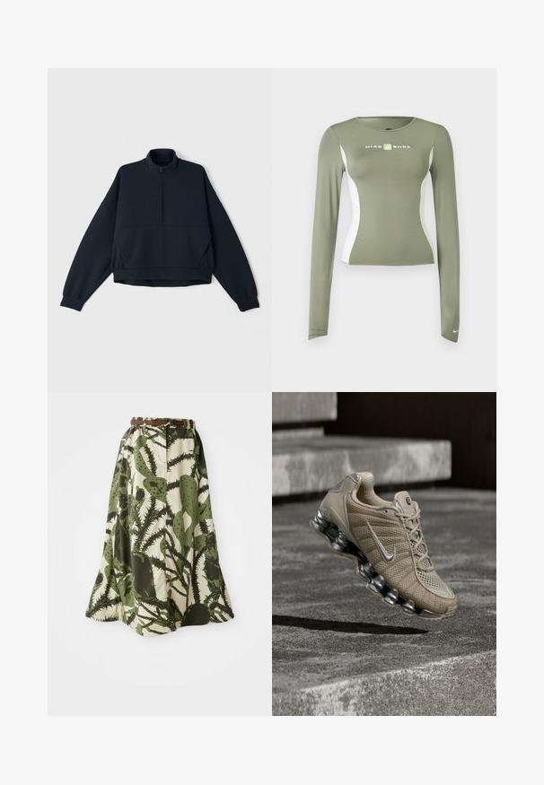 Sudadera de repuesto de color navy con un alto cuello, cierre de media cremallera en la parte delantera y hombros caídos. Tejido suave y texturizado con puños elásticos y dobladillo.; Camiseta de manga larga Nike Shox en verde oliva con paneles laterales blancos y detalles en verde neón, corte ajustado y pequeño logo de swoosh en el puño de la manga.; Falda larga con estampado de cactus en tonos verdes y crema, con una cintura ajustada y un cinturón marrón para abrochar.; Zapatilla de running Nike beige con acentos plateados y suela tipo muelle en el aire sobre escalones de hormigón con iluminación tenue.