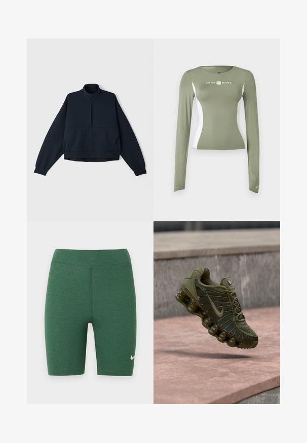 Sudadera de repuesto de color navy con un alto cuello, cierre de media cremallera en la parte delantera y hombros caídos. Tejido suave y texturizado con puños elásticos y dobladillo.; Camiseta de manga larga Nike Shox en verde oliva con paneles laterales blancos y detalles en verde neón, corte ajustado y pequeño logo de swoosh en el puño de la manga.; Pantalones cortos deportivos verdes hechos de tela elástica. Diseño de cintura alta con costuras planas y un logo blanco de Nike en la parte inferior de la pierna izquierda.; Zapatilla Nike en verde oliva, con una parte superior de malla con paneles texturizados, suela acolchada y amortiguación de aire visible para mayor comodidad.