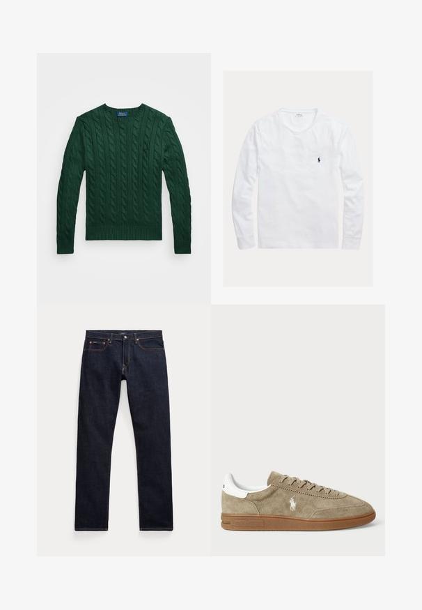 Polo Ralph Lauren CABLE KNIT COTTON SWEATER - Neule - vintage pine; Valkoinen pitkähihainen pusero pyöreällä kaula-aukollla, vasemmassa rinnassa pieni tummansininen Polo Ralph Laurenin kirjailtu logo.; Tummansiniset farkut, joissa on viisi taskua, kupariset nitat ja kontrastivaalistus, asetettu valkoista taustaa vasten.; Suede lenkkarit vaaleanruskeana, joissa on valkoisia yksityiskohtia, pyöreä kärki ja nauhakiinnitys. Varustettu kohokuvioidulla logolla ja kumipohjalla pidon parantamiseksi.