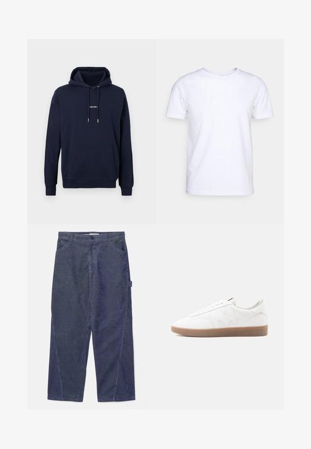 Sweat à capuche bleu marine avec poche avant, capuche à cordon de serrage, et petit texte blanc « LES DEU » centré sur la poitrine.; T-shirt blanc à manches courtes en tissu de coton avec un col rond. Design simple sans motifs ni accents. Texture lisse.; WOOD WOOD WWWILSON TWISTED SEAM TROUSERS - Pantalon classique - envy green; Baskets basses blanches avec semelle en caoutchouc gomme, superpositions cousues et fermeture à lacets sur fond neutre.