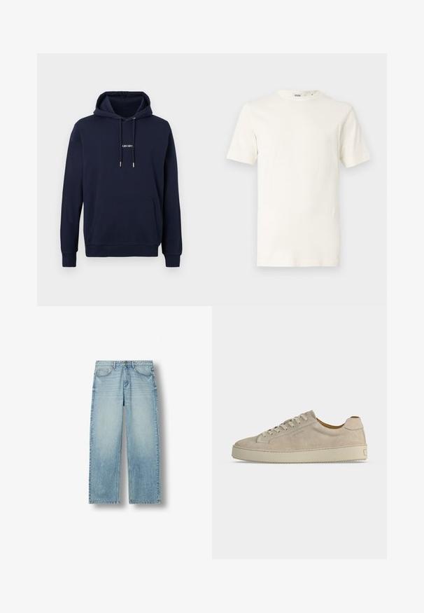 Sweat à capuche bleu marine avec poche avant, capuche à cordon de serrage, et petit texte blanc « LES DEU » centré sur la poitrine.; T-shirt en coton beige clair à manches courtes et col rond. Présente une texture lisse et un design simple sans motifs ni accents.; Jean en denim bleu clair à coupe droite avec cinq poches et fermeture par boutons, présenté sur fond blanc.; Baskets basses beiges en daim avec fermeture lacée et semelle épaisse en caoutchouc, vues de profil sur fond blanc uni.
