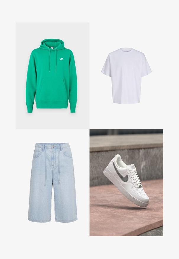 Grüner Nike-Hoodie mit einer vorderen Kängurutasche, Kapuze mit Zugband und einem kleinen weißen Logo auf der linken Brust. Weicher Stoff, normale Passform.; Schlichtes weißes oversized T-Shirt mit kurzen Ärmeln, Rundhalsausschnitt und lockerem Sitz vor weißem Hintergrund.; Hellblaue Jeans-Knielange Shorts mit Frontknopf, Reißverschluss, Gürtelschlaufen, Vordertaschen und Kordelzug am Bund.; Weißer Nike Air Force 1 Sneaker mit grauem Swoosh-Logo, der über einer Steinoberfläche und einem grauen Steinwandhintergrund schwebt.