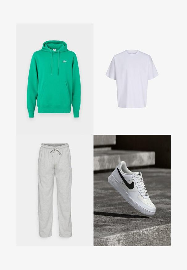 Groene Nike hoodie met een voorzak, een capuchon met trekkoord en een klein wit logo op de linkerborst. Zachte stof, normale pasvorm.; Effen witte oversized T-shirt met korte mouwen, ronde hals en losse pasvorm tegen een witte achtergrond.; Lichtgrijze sweatpants van zachte stof. Heeft een elastische tailleband met trekkoord en een zwart Nike-logo op de linker bovenbeen.; Witte Nike Air Force 1 sneaker met zwarte swoosh, veters gestrikt, zwevend in de lucht boven een gestructureerd betonnen oppervlak buiten.