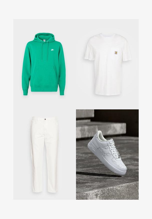 Zelená mikina Nike s vreckom na prednej strane, kapucňou so šnúrkou a malým bielym logom na ľavej hrudi. Mäkká tkanina, štandardný strih.; Biele bavlnené tričko s krátkymi rukávmi, vreckom na hrudi a malou štvorcovou nášivkou v oranžovej a bielej farbe na vrecku.; Biele bavlnené nohavice s rovnými nohavicami, prednými vreckami, zapínaním na jeden gombík a mäkkou textúrou.; Biele tenisky Nike Air Force 1 s vyrazenými vzormi hviezd a kovovým príveskom v tvare hviezdy na šnúrkach, ktoré voľne visia nad betónovým povrchom.