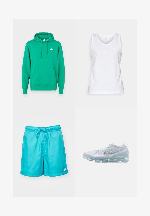 Sudadera verde de Nike con un bolsillo frontal, capucha con cordón y un pequeño logo blanco en el lado izquierdo del pecho. Tejido suave, ajuste estándar.; Camiseta sin mangas de algodón blanca con escote redondo, diseño sin mangas y un pequeño logotipo tonal de Nike en la parte frontal. Textura suave.; Bañador Nike turquesa con cintura elástica y cordón; acabado liso y brillante; presenta un pequeño logo blanco en la parte frontal inferior.; Nike Air Vapor Max, con una parte superior de malla blanca, swoosh plateado y una mediasuela azul translúcida con amortiguación de aire. Diseño ligero y transpirable.
