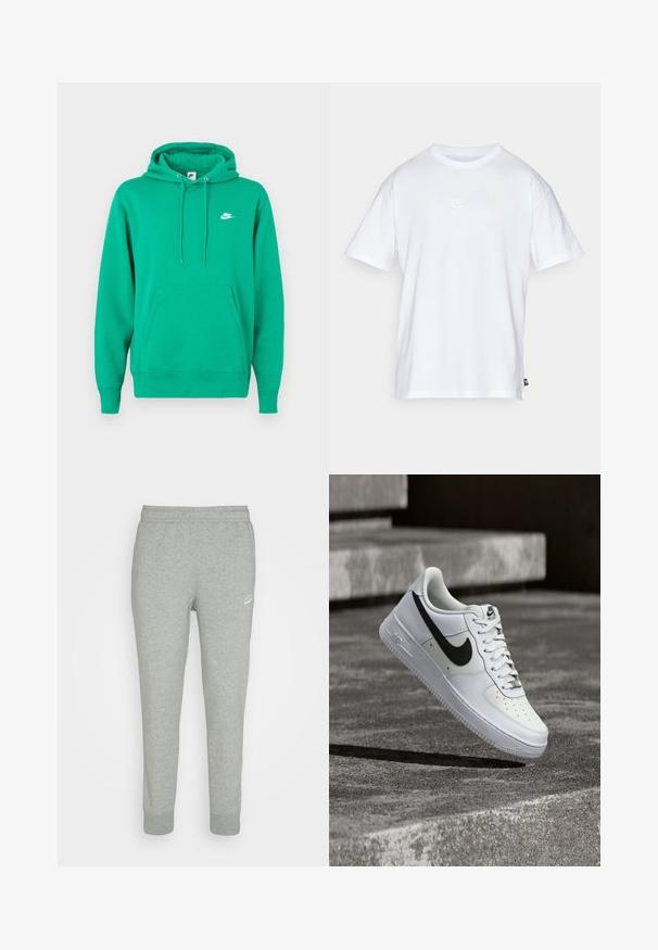 Grøn Nike hoodie med en frontlomme, hætte med snoretræk og et lille hvidt logo på venstre bryst. Blødt stof, standard pasform.; Hvid bomulds T-shirt med korte ærmer og rund hals. Har et lille, diskret Nike-logo på brystet og et sidelabel.; Grå sweatpants lavet af blødt stof, med tapered ben design, elastisk talje og lille hvid Nike-logo på venstre lår.; Hvid Nike Air Force 1-sneaker med sort swoosh, snørebånd bundet, placeret i luften over tekstureret betonoverflade udendørs.