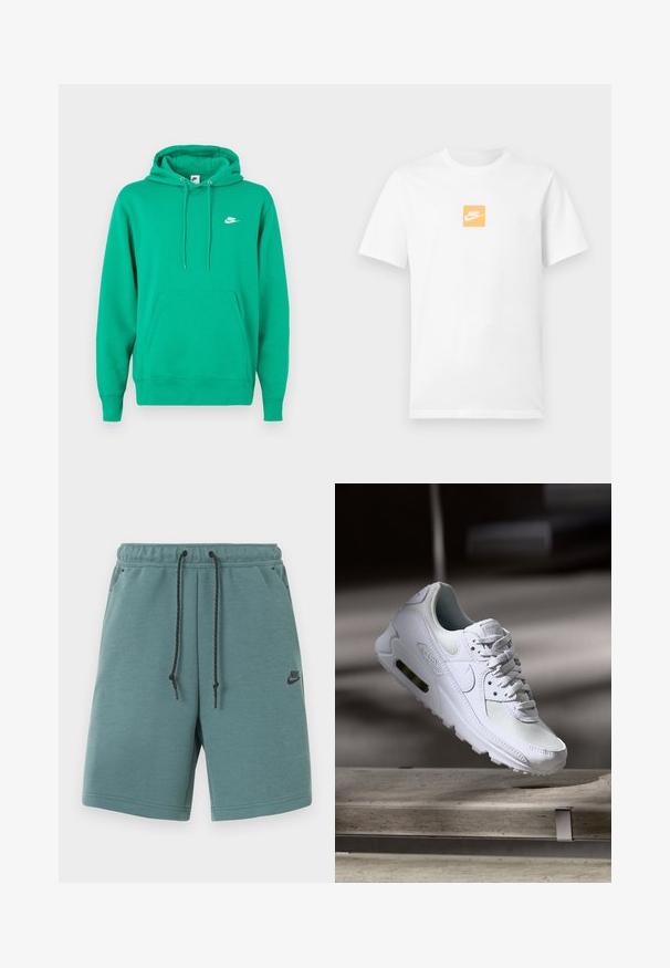 Groene Nike hoodie met een voorzak, een capuchon met trekkoord en een klein wit logo op de linkerborst. Zachte stof, normale pasvorm.; Witte katoenen T-shirt met korte mouwen en een kleine oranje vierkant op de borst met het witte Nike-logo en swoosh.; Nike-shorts in teal met een zwart trekkoord, elastische tailleband, zijzakken en een klein zwart Nike-logo op de linker dij.; Witte Nike Air Max 90 sneaker met een bovenwerk van mesh en leer, een geperforeerde teenbox en een zichtbare luchtunit in de hiel.