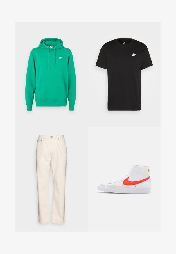 Sudadera verde de Nike con un bolsillo frontal, capucha con cordón y un pequeño logo blanco en el lado izquierdo del pecho. Tejido suave, ajuste estándar.; Camiseta de algodón negra con mangas cortas, cuello redondo y un pequeño logo blanco de Nike en la parte superior del lado izquierdo del pecho. Textura suave. Corte clásico.; Vaqueros de denim color crema con un diseño de pierna recta. Presentan cinco bolsillos, cierre delantero con botón y detalles de costura en contraste.; Zapatilla alta blanca con el swoosh rojo de Nike, puntera de ante y tab de talón beige. Presenta cordones blancos y suela de goma texturizada.