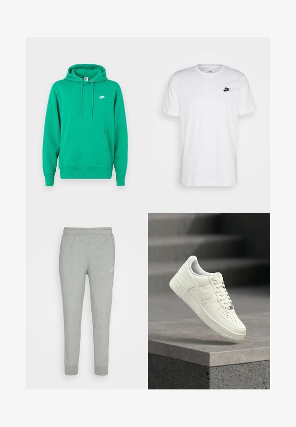 Sudadera verde de Nike con un bolsillo frontal, capucha con cordón y un pequeño logo blanco en el lado izquierdo del pecho. Tejido suave, ajuste estándar.; Camiseta de algodón blanca con cuello redondo, mangas cortas y un logo negro de Nike en el lado izquierdo del pecho. Diseño simple en un color sólido.; Pantalones de chándal grises hechos de una tela suave, con un diseño de pierna ajustada, cinturilla elástica y pequeño logo blanco de Nike en el muslo izquierdo.; Zapatilla deportiva de cuero blanco con diseño de perfil bajo, superficie texturizada, perforaciones en la punta y detalles plateados en los cordones y la marca.