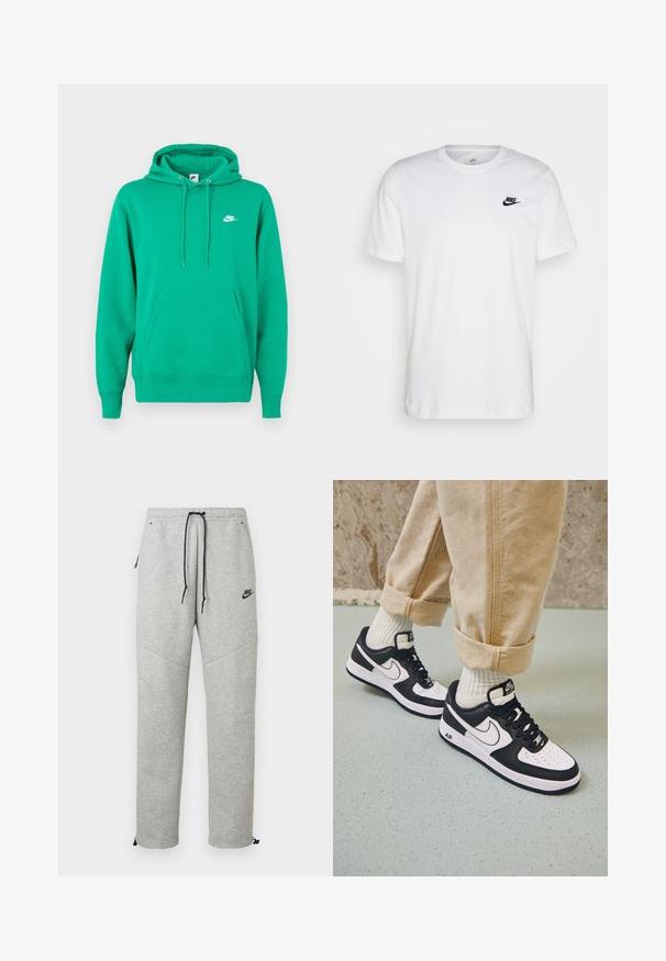 Sudadera verde de Nike con un bolsillo frontal, capucha con cordón y un pequeño logo blanco en el lado izquierdo del pecho. Tejido suave, ajuste estándar.; Camiseta de algodón blanca con cuello redondo, mangas cortas y un logo negro de Nike en el lado izquierdo del pecho. Diseño simple en un color sólido.; Pantalones de chándal Nike grises con cintura ajustable por cordón, bolsillos laterales y puños elásticos. Presentan una textura suave y un detalle del logo negro en contraste.; Zapatillas Nike Air Force 1 en blanco y negro con parte superior de cuero, puntera perforada y detalle de suela texturizada, combinadas con pantalones beiges remangados y calcetines blancos.